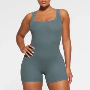 SKIMS Ribbed One Piece Romper Size Medium Teal Bodycon Lounge